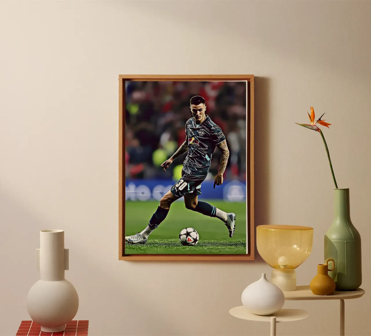 Benjamin Sesko Azione Dribbling Poster RB Leipzig tela con Cornice a cassetta da ArdanART