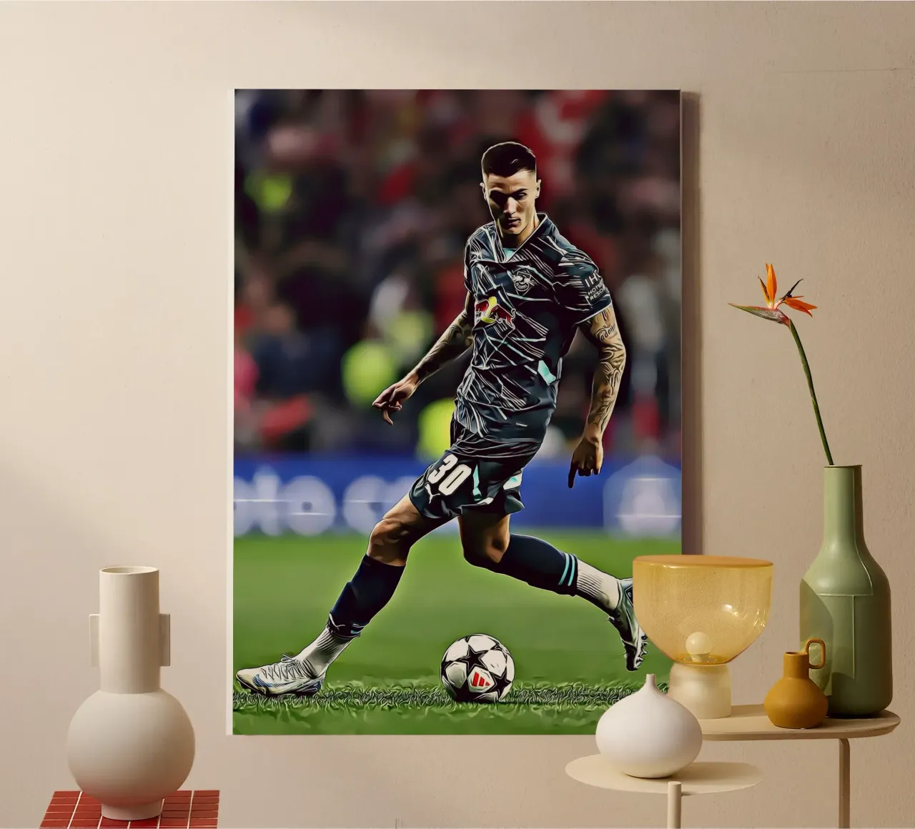 Benjamin Sesko Azione Dribbling Poster RB Leipzig tela con Cornice a cassetta da ArdanART