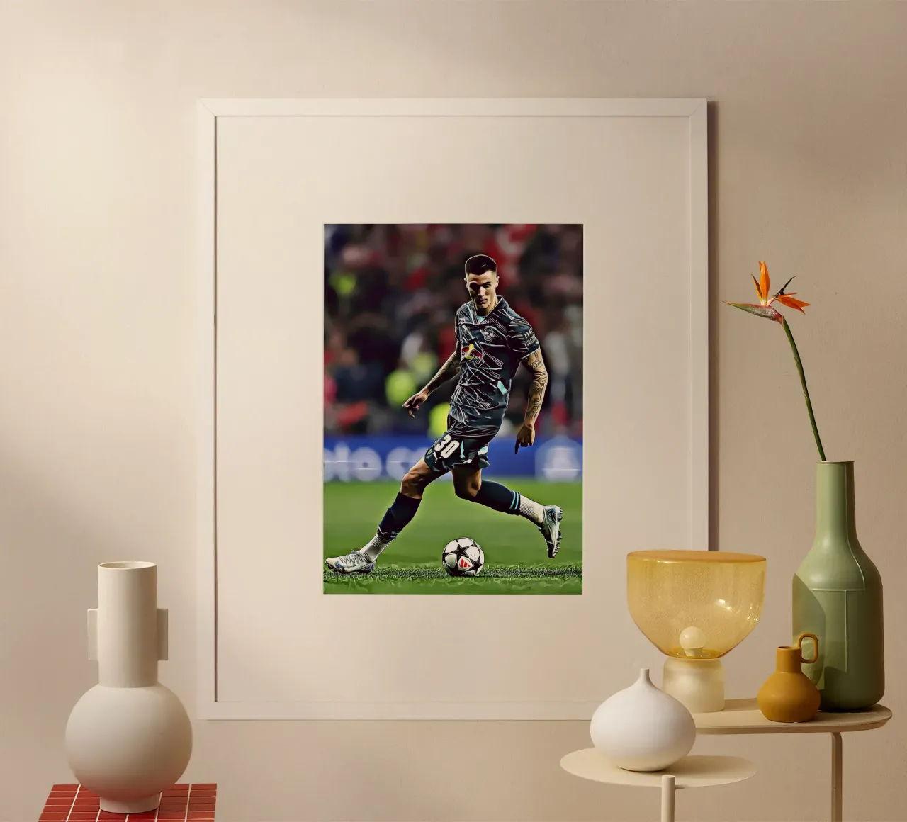 Benjamin Sesko Azione Dribbling Poster RB Leipzig poster con telaio in plastica da ArdanART