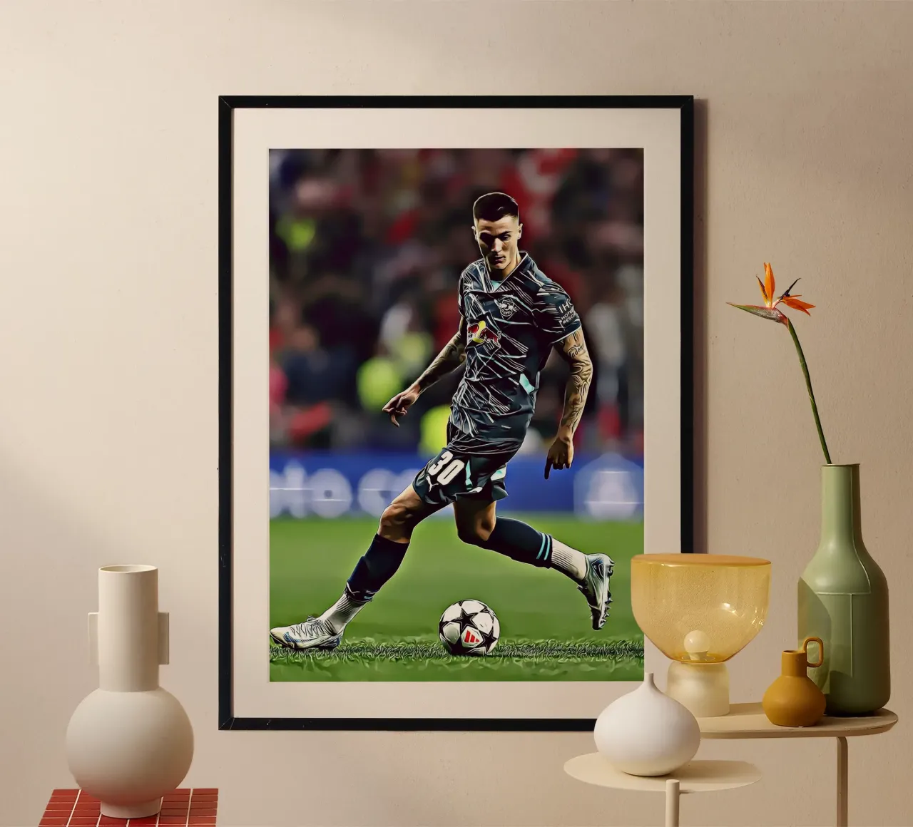 Benjamin Sesko Azione Dribbling Poster RB Leipzig poster con telaio in plastica da ArdanART