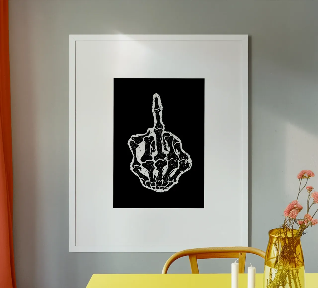 Skeleton Middle Finger poster con telaio in legno da nabakumov