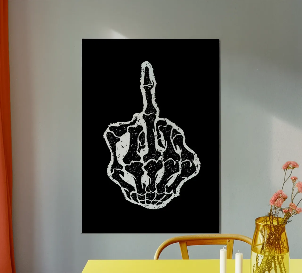 Skeleton Middle Finger poster con telaio in legno da nabakumov