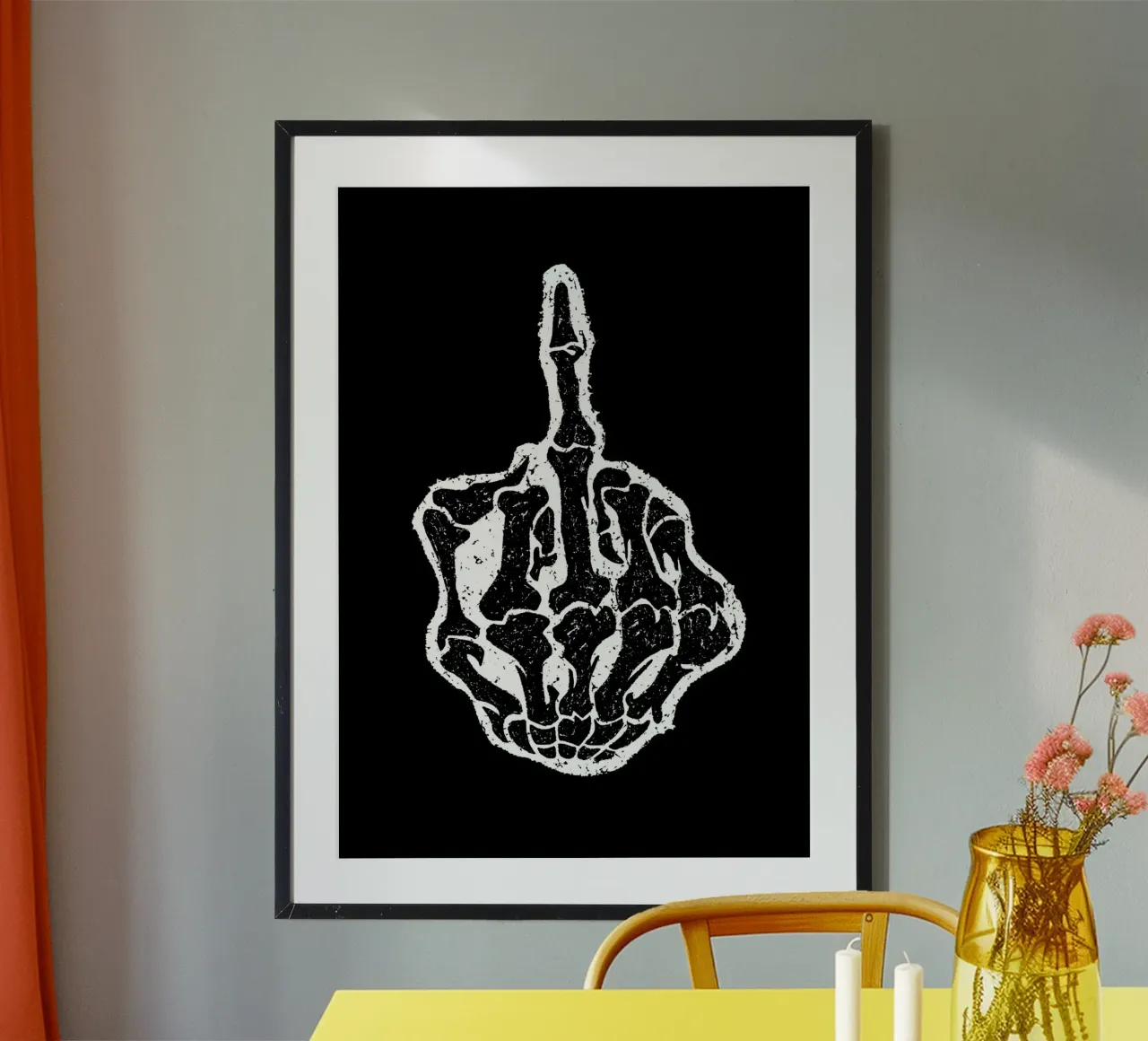 Skeleton Middle Finger poster con telaio in legno da nabakumov