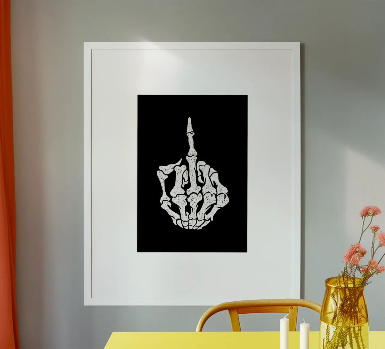 Skeleton Middle Finger poster con telaio in legno da nabakumov