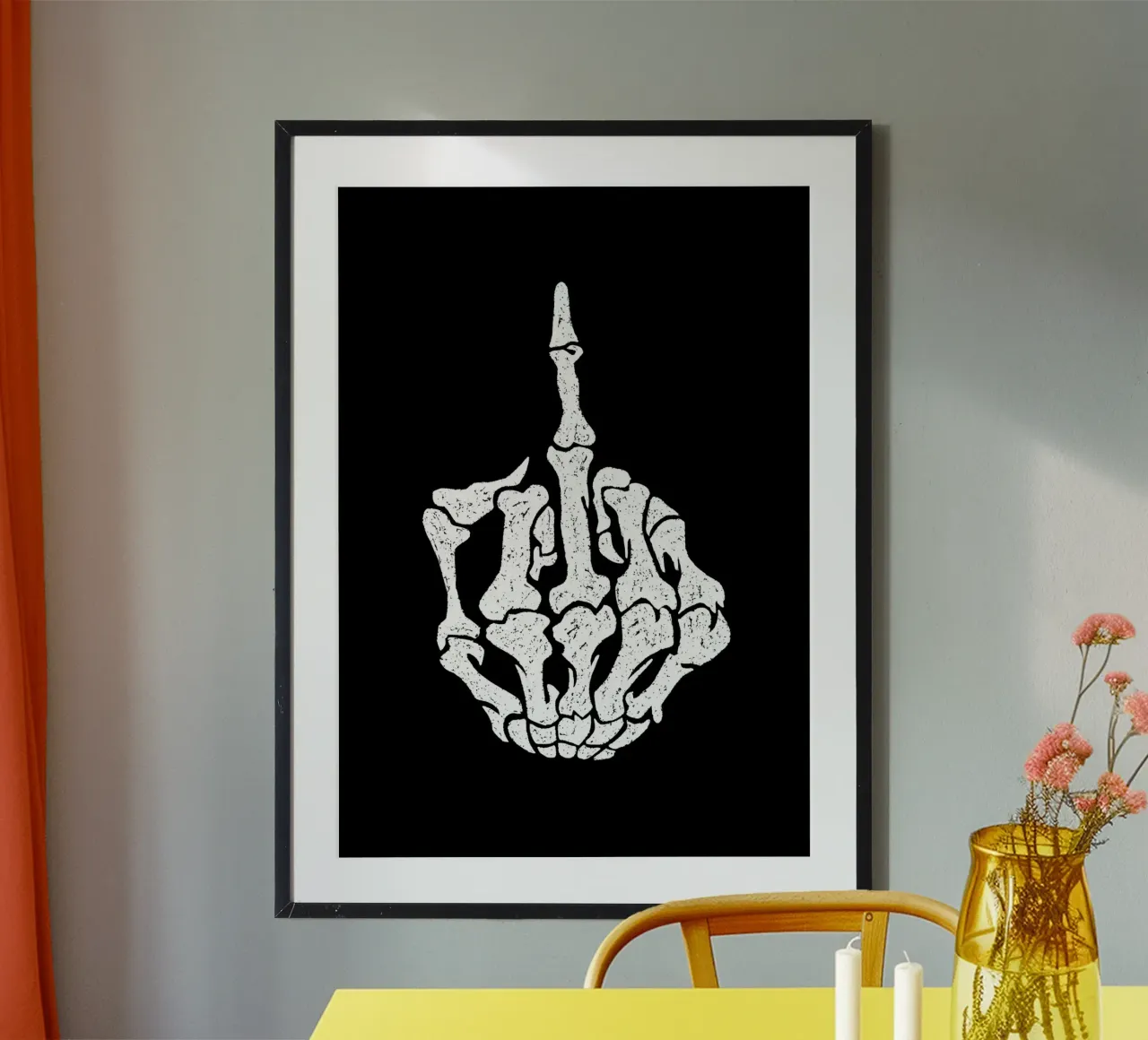 Skeleton Middle Finger poster con telaio in legno da nabakumov