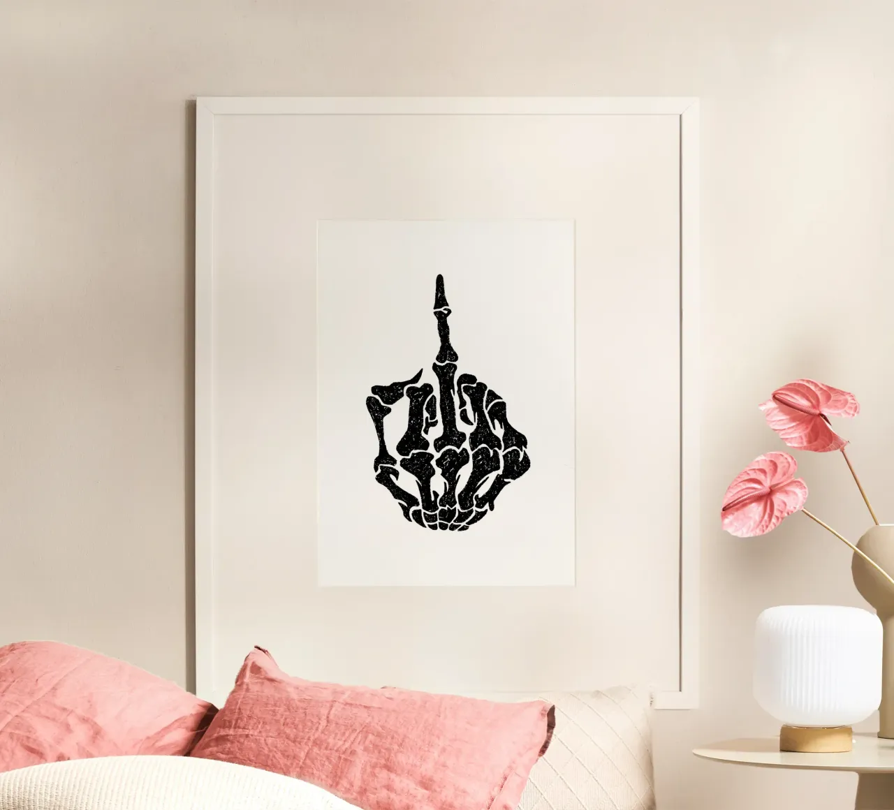 Skeleton Middle Finger poster con telaio in legno da nabakumov