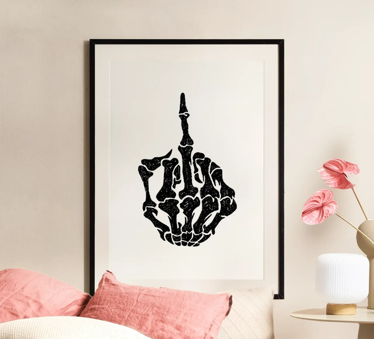 Skeleton Middle Finger poster con telaio in legno da nabakumov