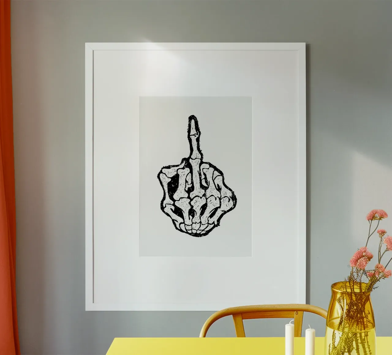 Skeleton Middle Finger poster con telaio in legno da nabakumov