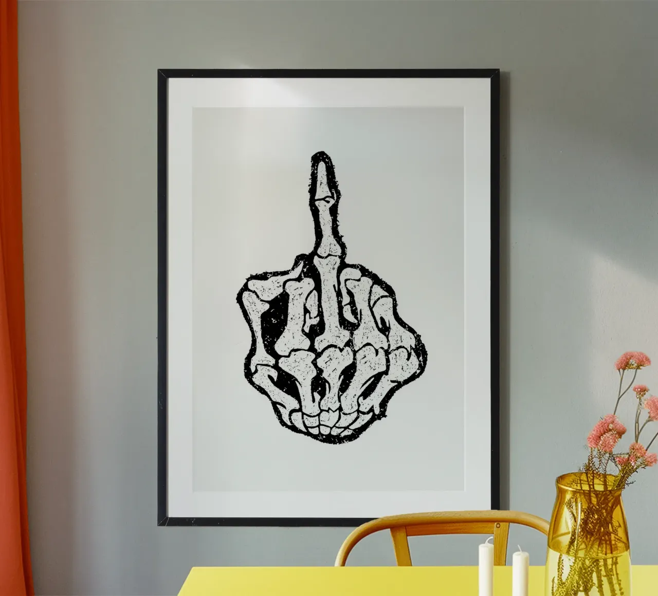 Skeleton Middle Finger poster con telaio in legno da nabakumov