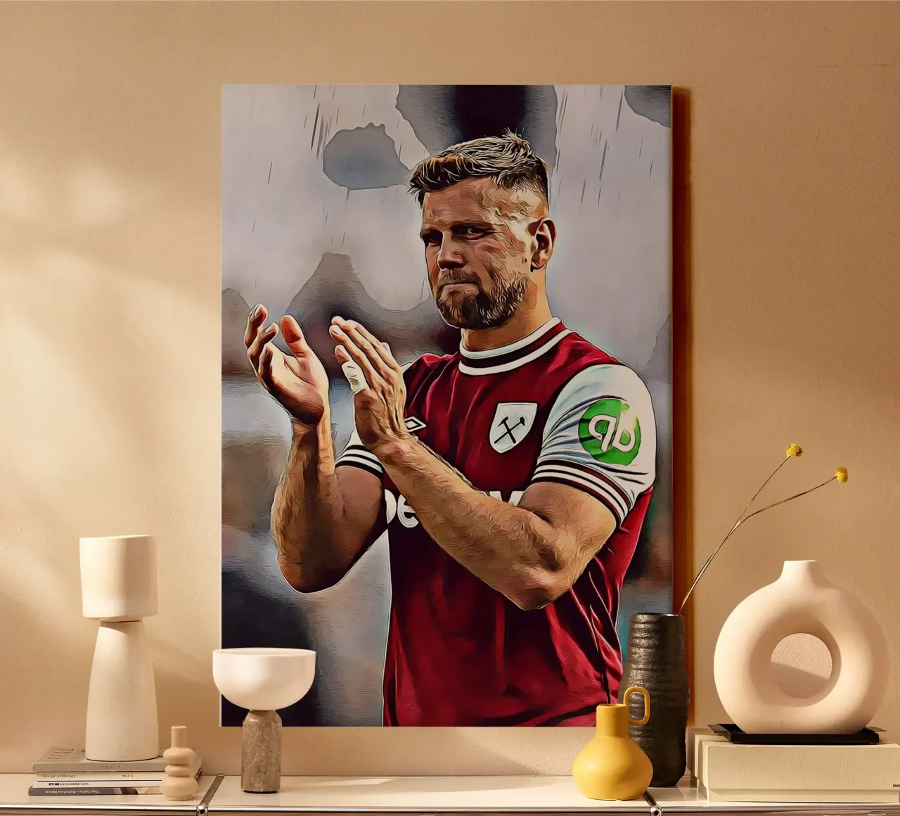 Niclas Füllkrug applaude la celebrazione della maglia del West Ham tela con Cornice a cassetta da ArdanART