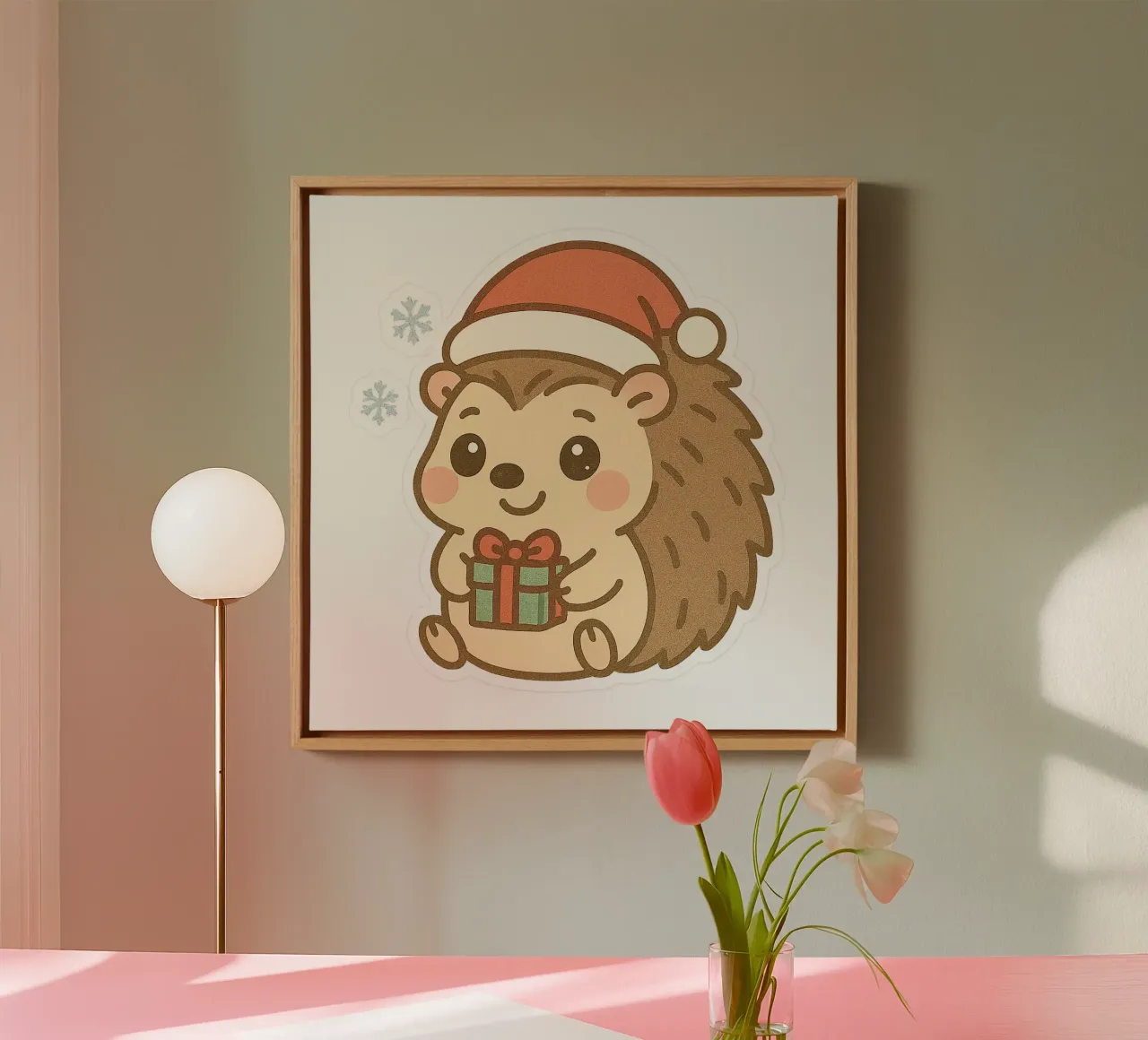 Kawaii Weihnachts-Igel Sticker mit Geschenk - Party und Magie Leinwand mit Schattenfugenrahmen von So Cute Land - Affiches et posters
