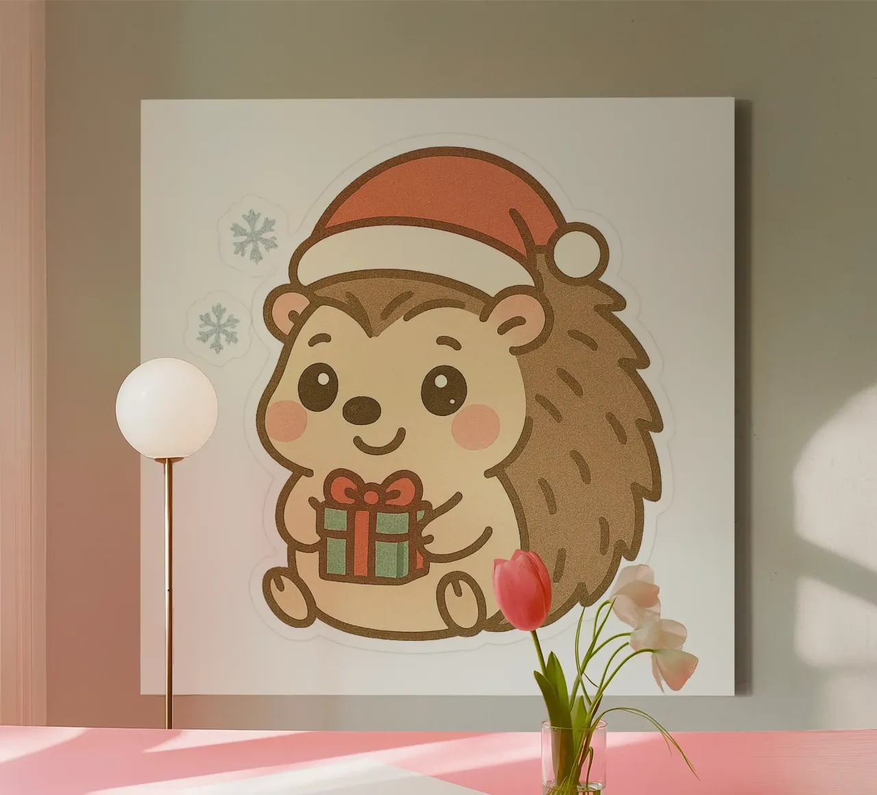Kawaii Weihnachts-Igel Sticker mit Geschenk - Party und Magie Leinwand mit Schattenfugenrahmen von So Cute Land - Affiches et posters