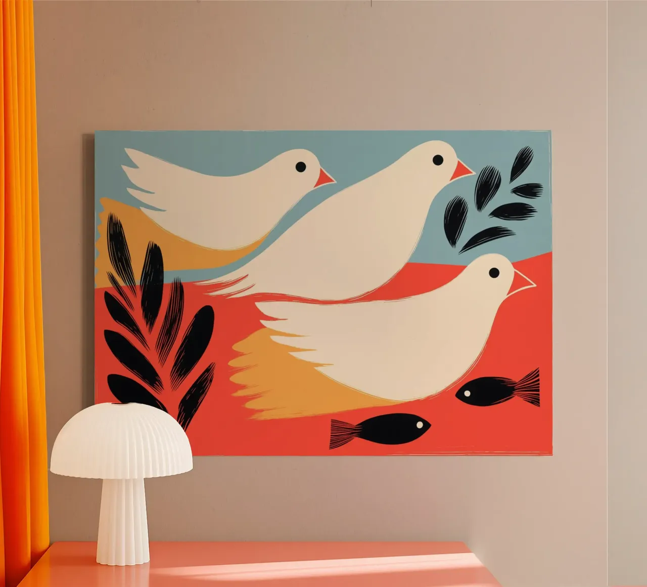 Drie jonge witte zeevogels in maritieme sereniteit canvas met Baklijst van Autofocus