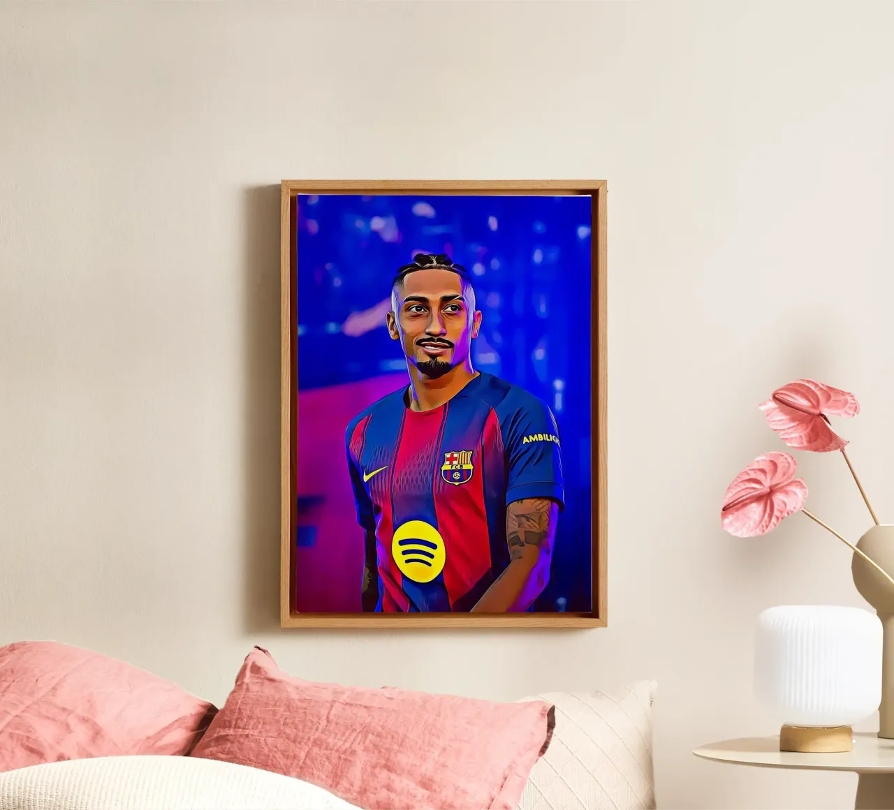 Maglia Raphinha Barcellona Ritratto Poster d'arte digitale tela con Cornice a cassetta da ArdanART