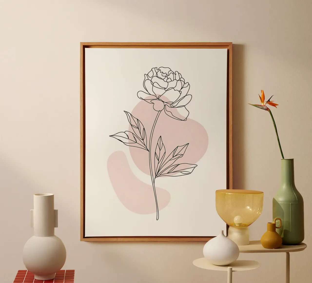 Minimalist peony in a continuous line canvas with Floater frame by Plain Thoughts