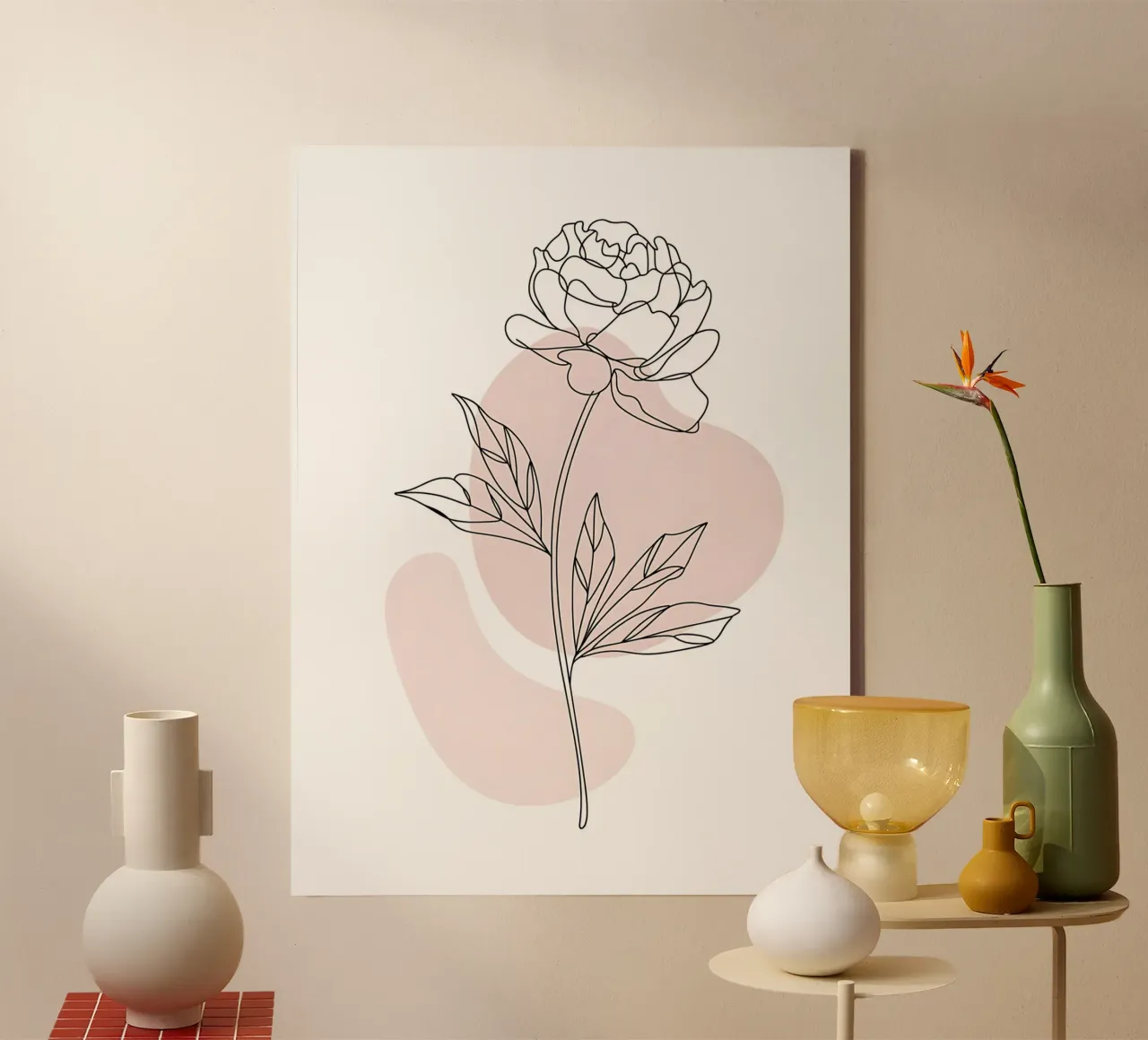 Minimalist peony in a continuous line canvas with Floater frame by Plain Thoughts