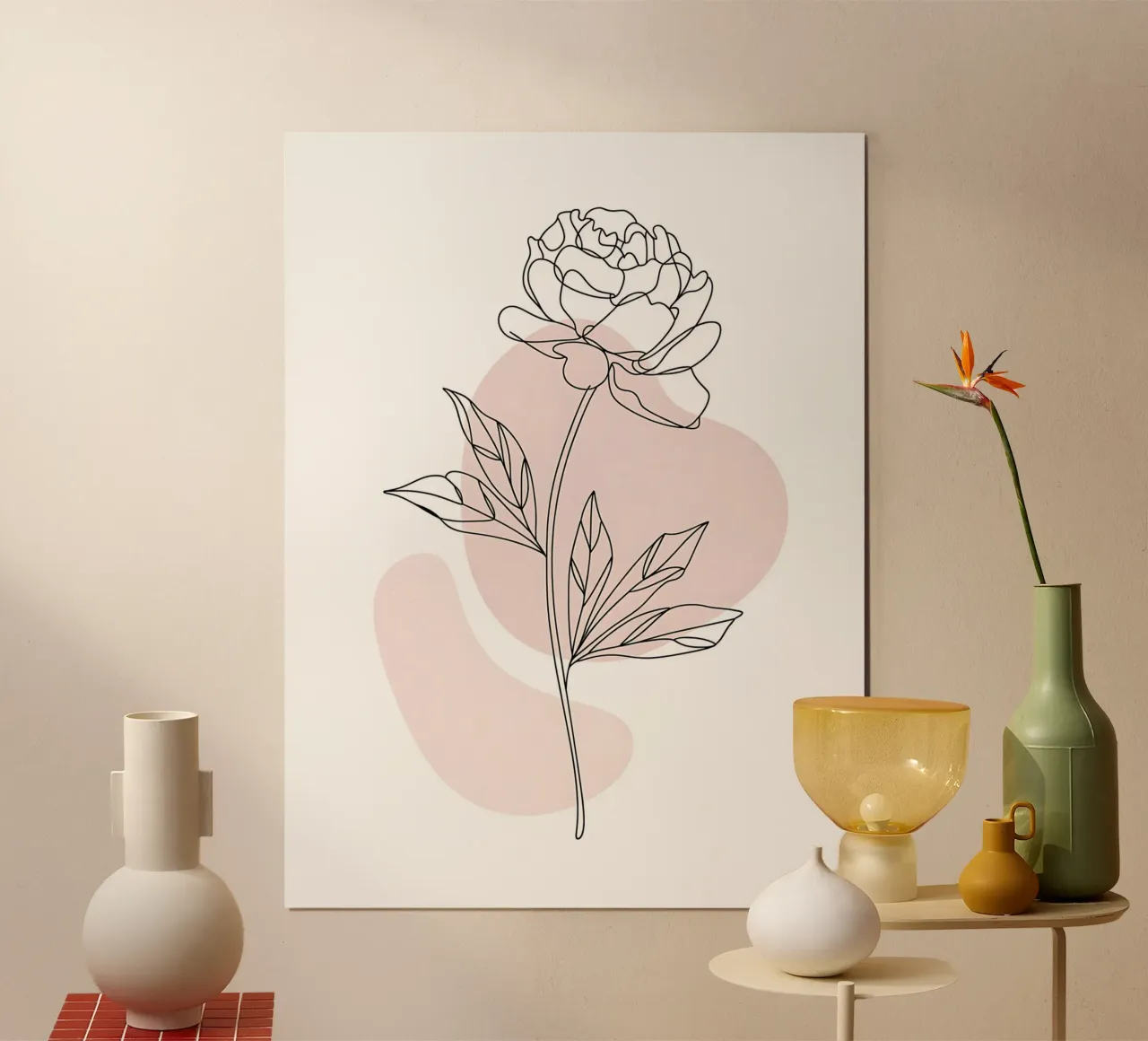 Minimalist peony in a continuous line poster with plastic frame by Plain Thoughts