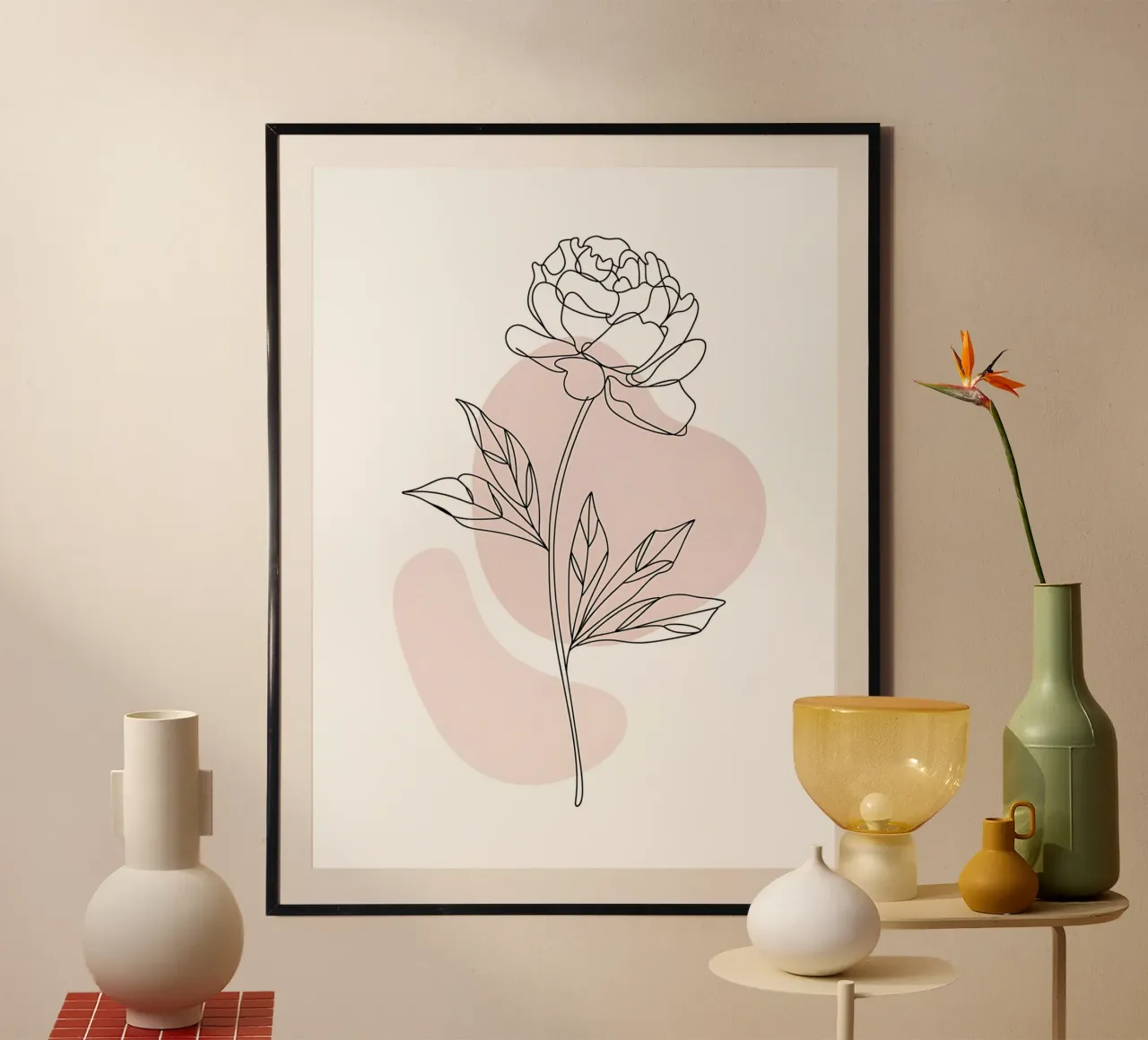 Minimalist peony in a continuous line poster with plastic frame by Plain Thoughts