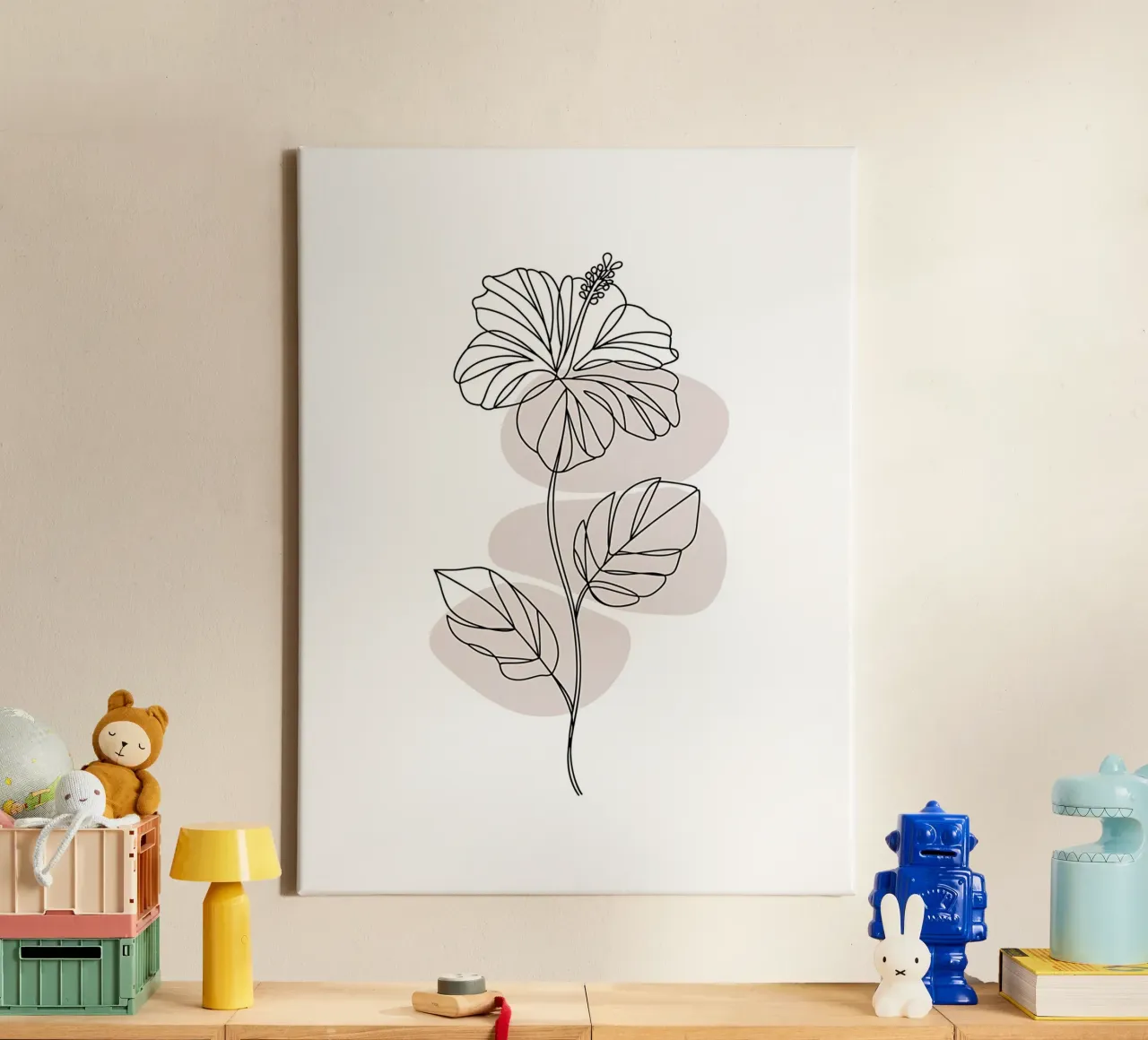 Minimalistischer Hibiskus in durchgehender Linie Leinwand mit Schattenfugenrahmen von Plain Thoughts