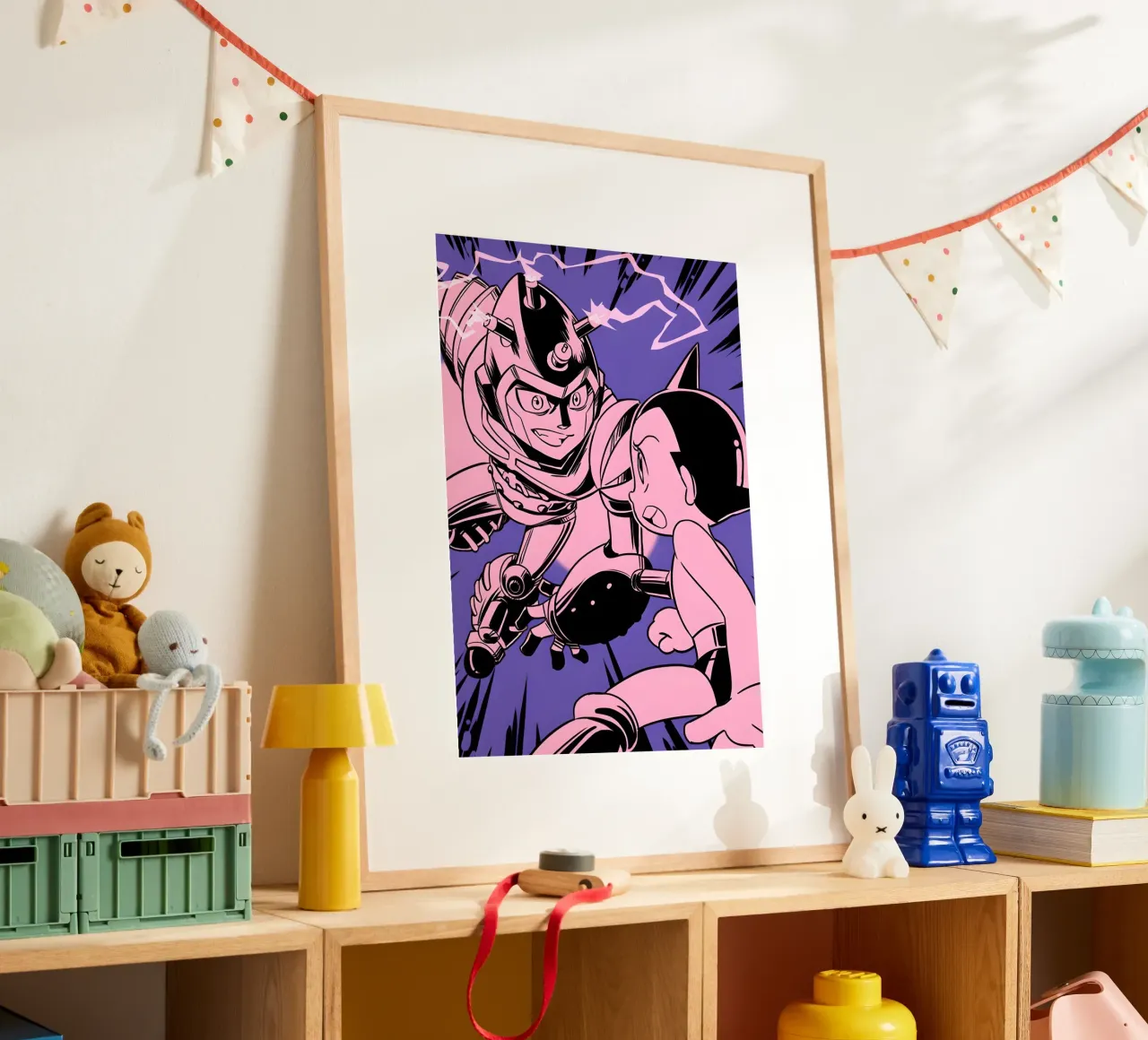 battle scene Astro boy poster con telaio in legno da Low poly art