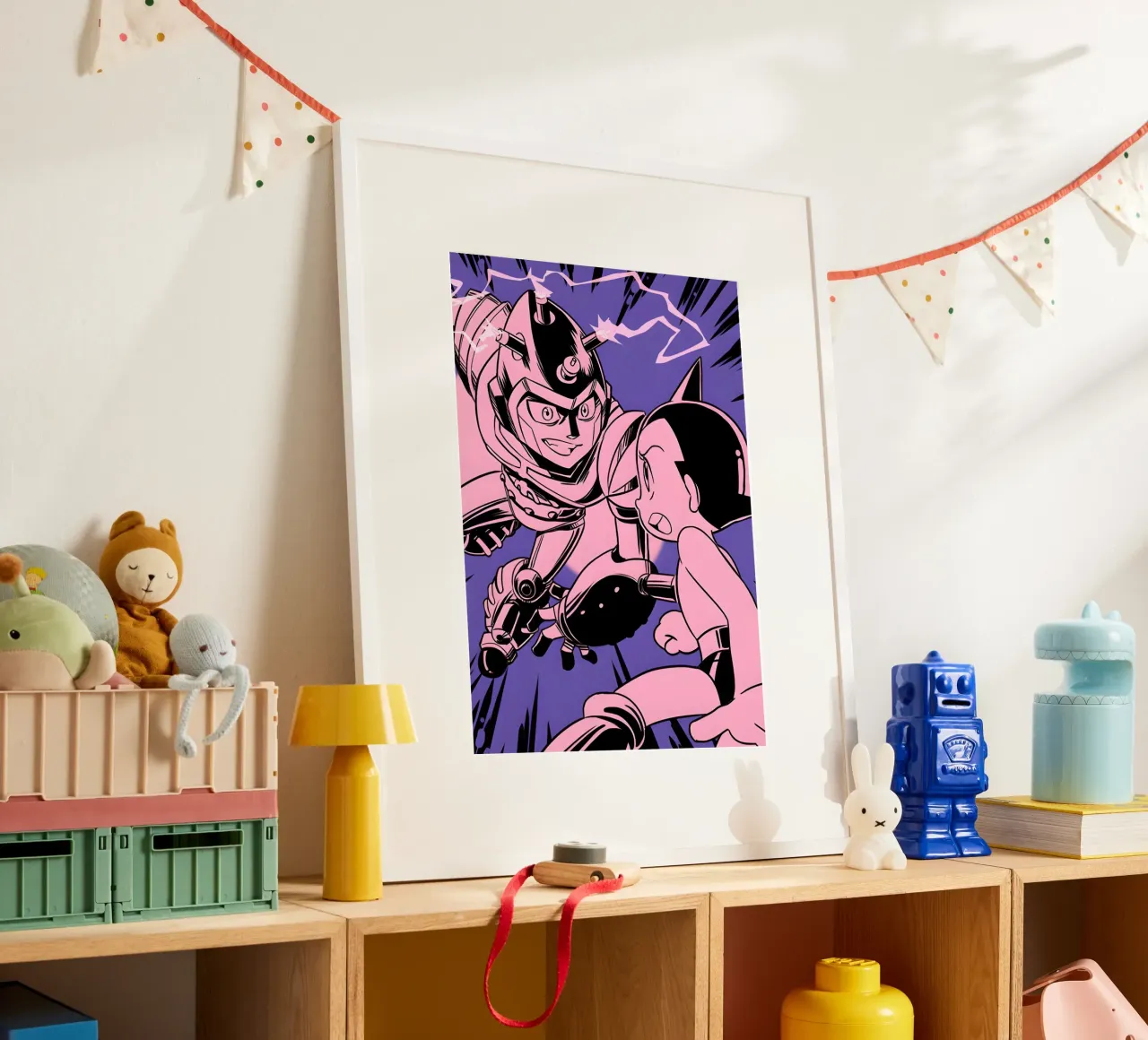 battle scene Astro boy poster con telaio in legno da Low poly art