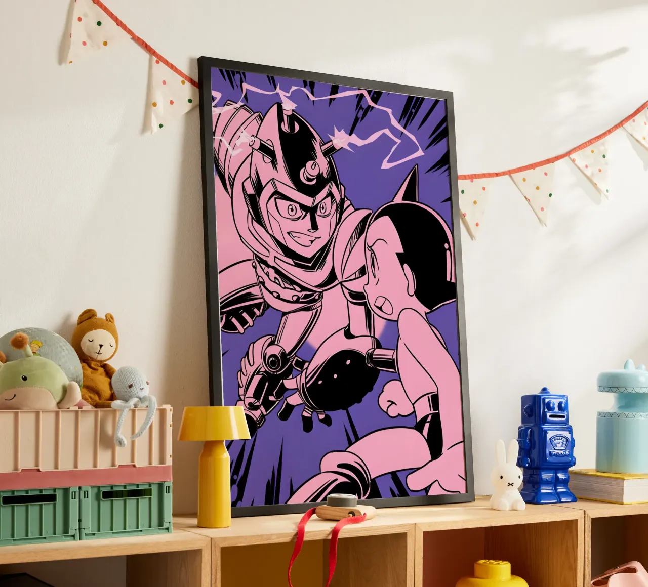 battle scene Astro boy poster con telaio in legno da Low poly art