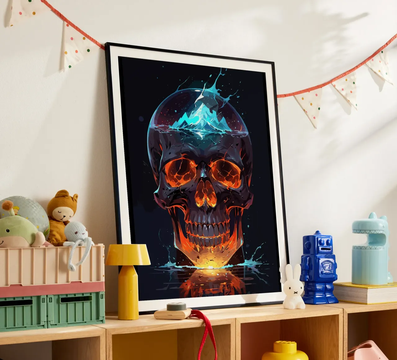 Cranio in fiamme con montagna ghiacciata poster con telaio in legno da LM2KONE