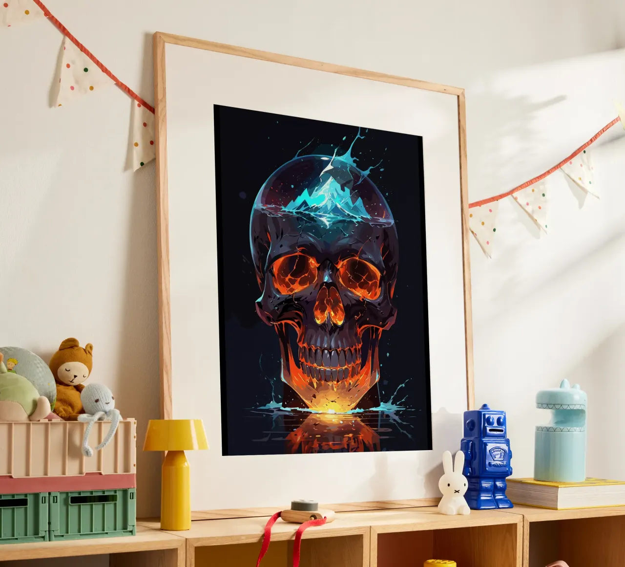 Cranio in fiamme con montagna ghiacciata poster con telaio in legno da LM2KONE