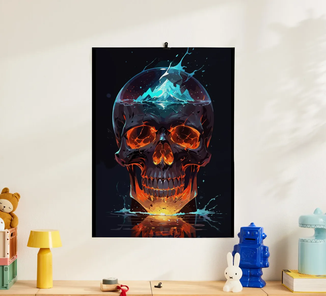 Cranio in fiamme con montagna ghiacciata poster con telaio in legno da LM2KONE