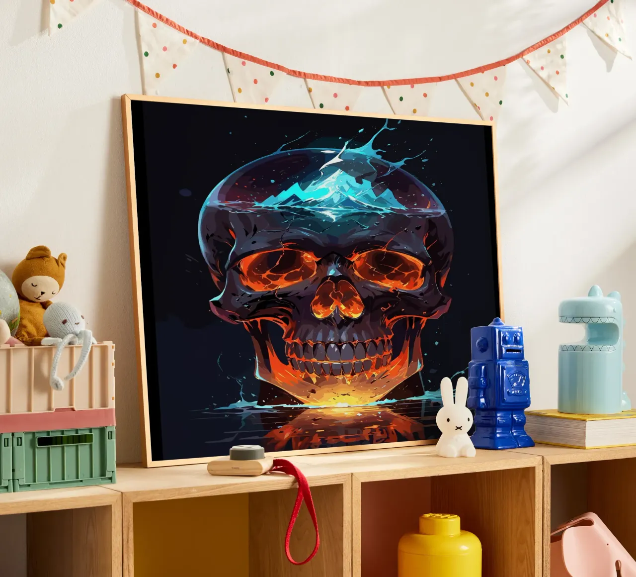 Cranio in fiamme con montagna ghiacciata poster con telaio in legno da LM2KONE