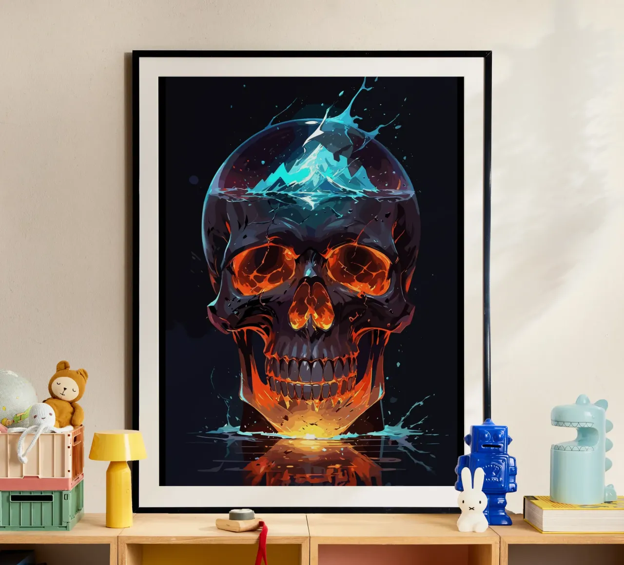 Cranio in fiamme con montagna ghiacciata poster con telaio in legno da LM2KONE