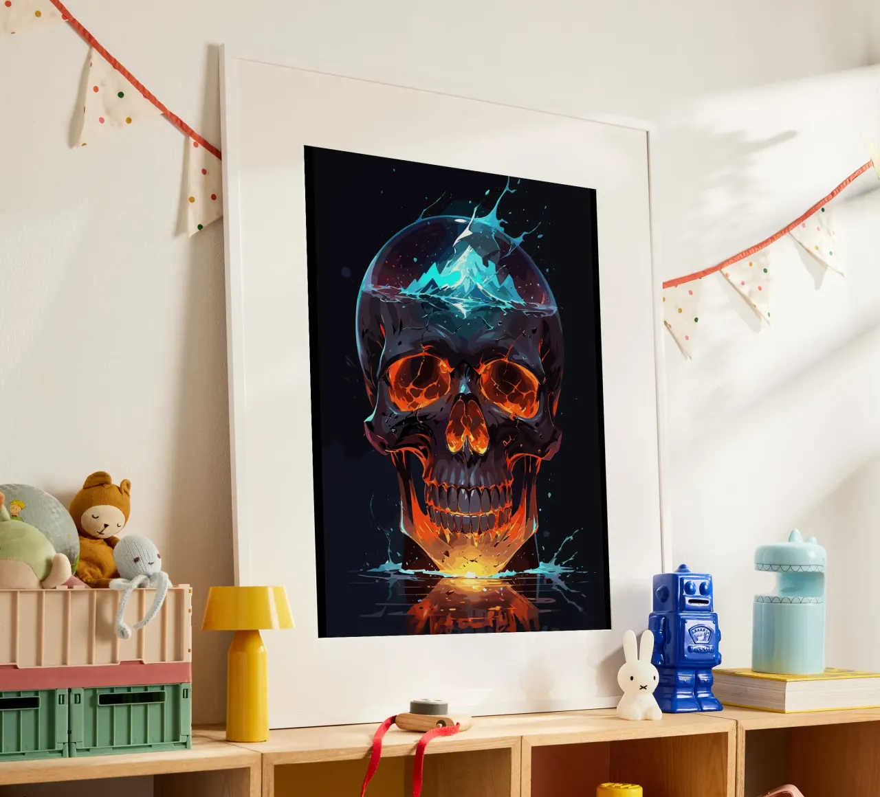 Cranio in fiamme con montagna ghiacciata poster con telaio in legno da LM2KONE