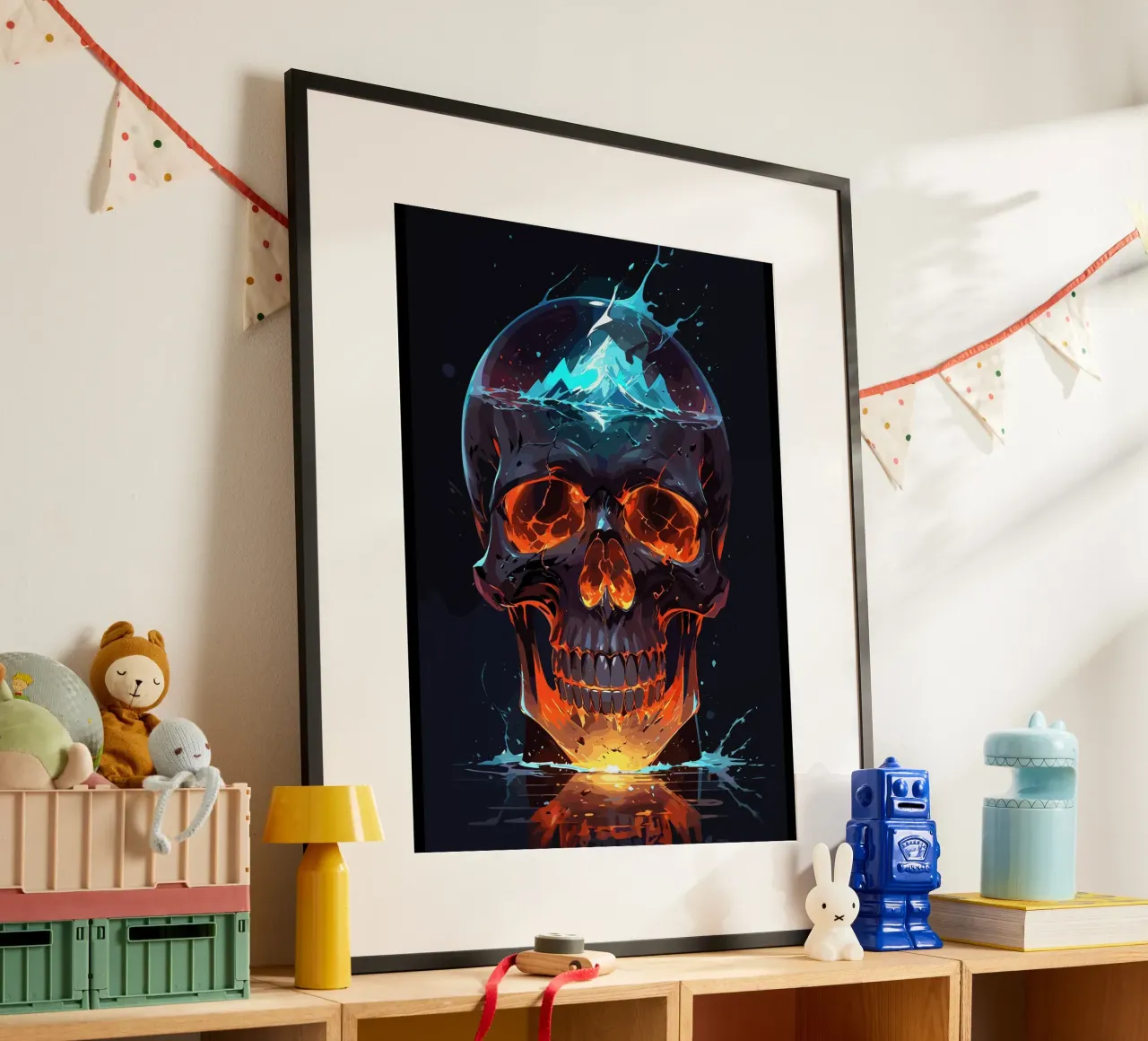 Cranio in fiamme con montagna ghiacciata poster con telaio in legno da LM2KONE