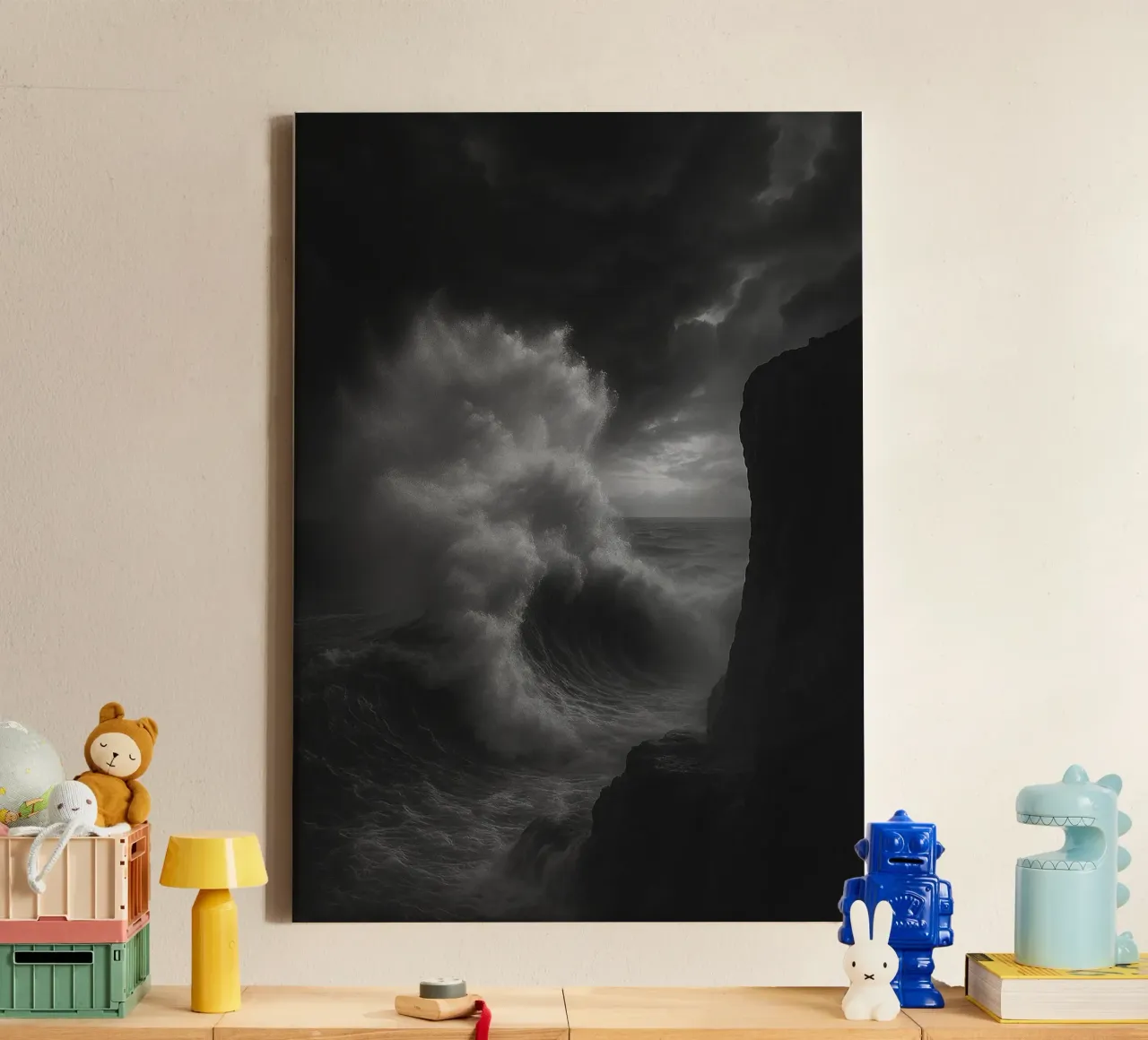 the waves hit the rocks black and white photography canvas with Floater frame by roosses