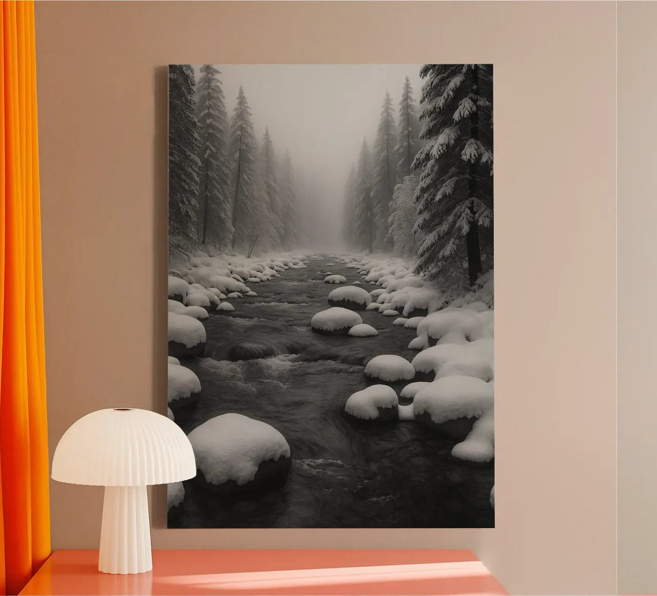 fiume innevato fotografia in bianco e nero tela con Cornice a cassetta da roosses