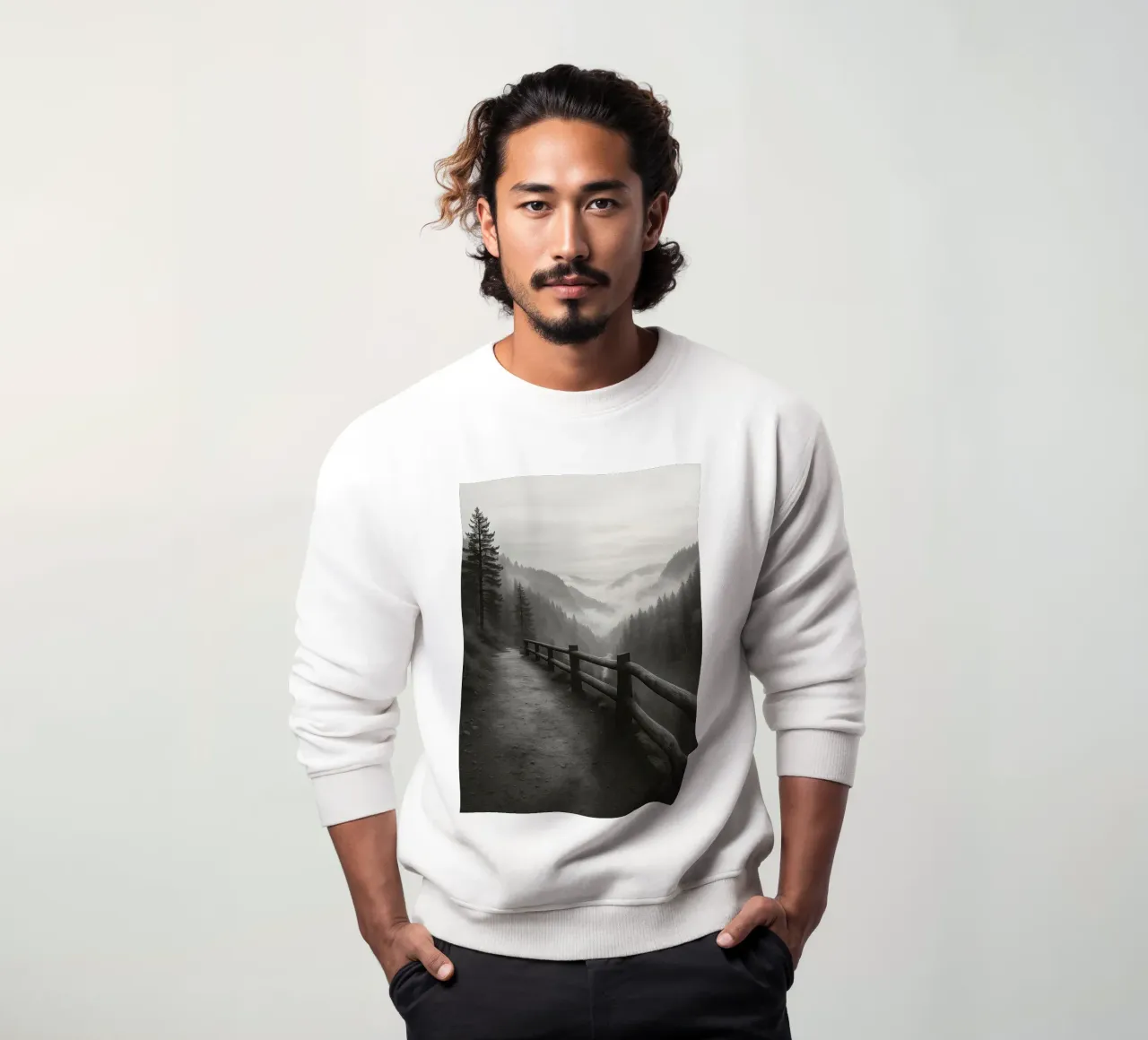 road on the edge of a cliff in the forest black and white ph sweatshirt by roosses