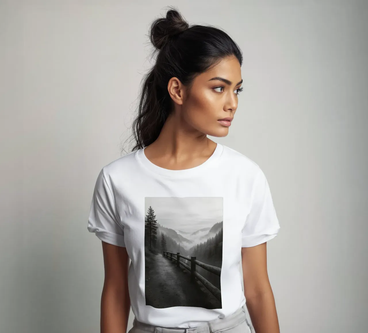 road on the edge of a cliff in the forest black and white ph t-shirt by roosses