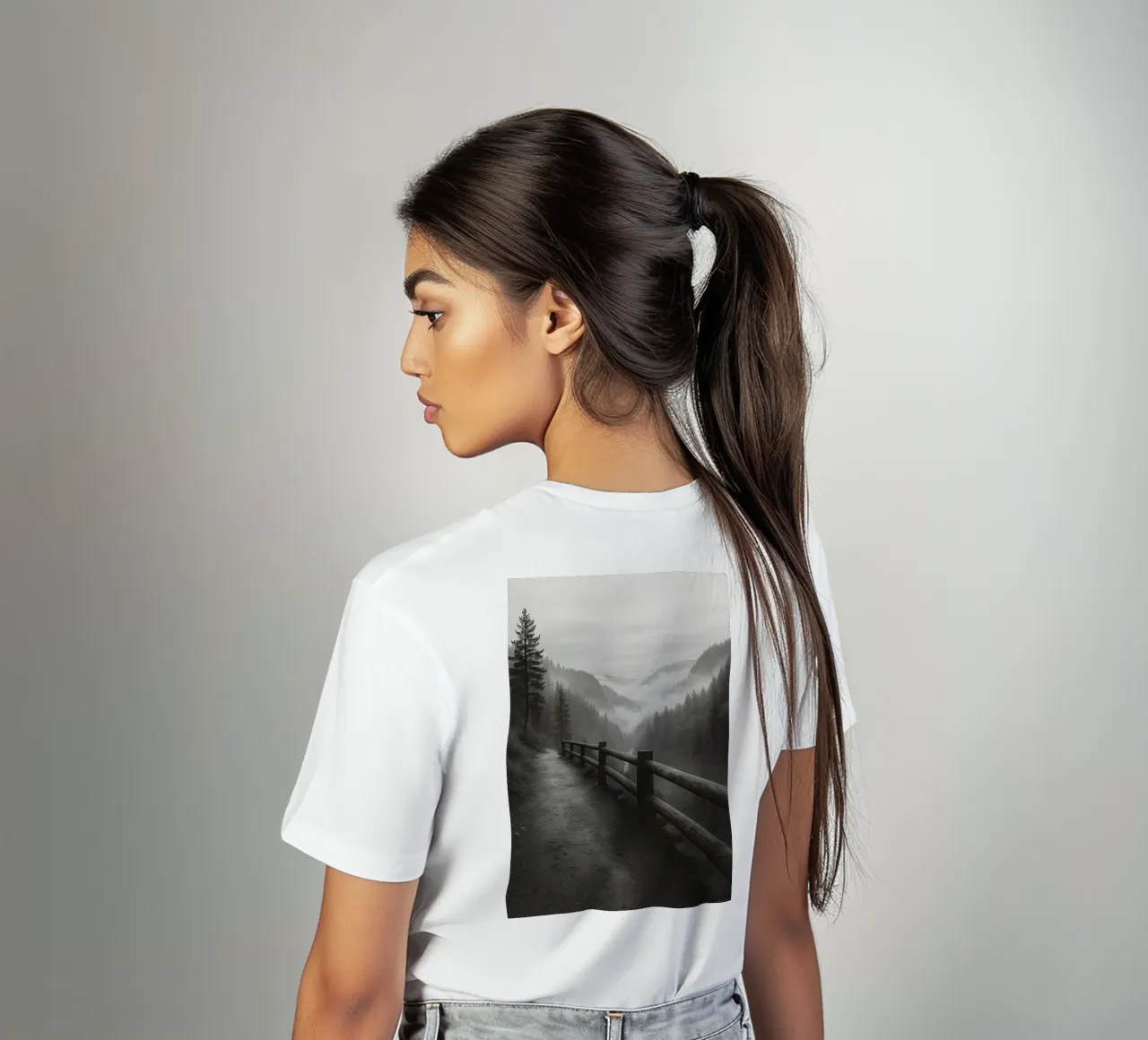 road on the edge of a cliff in the forest black and white ph t-shirt by roosses