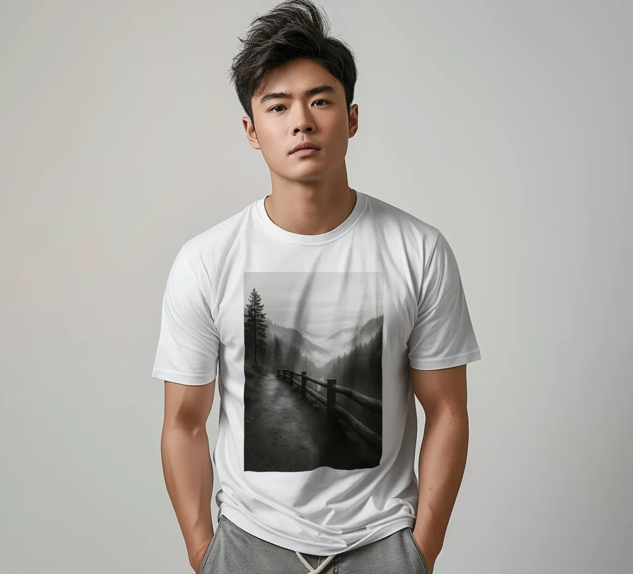 road on the edge of a cliff in the forest black and white ph t-shirt by roosses