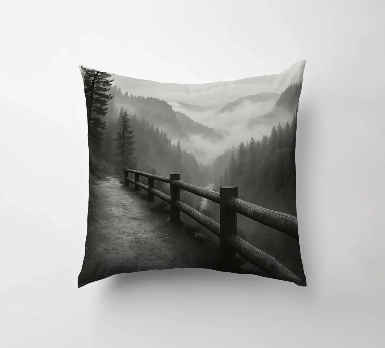 road on the edge of a cliff in the forest black and white ph decorative cushion by roosses