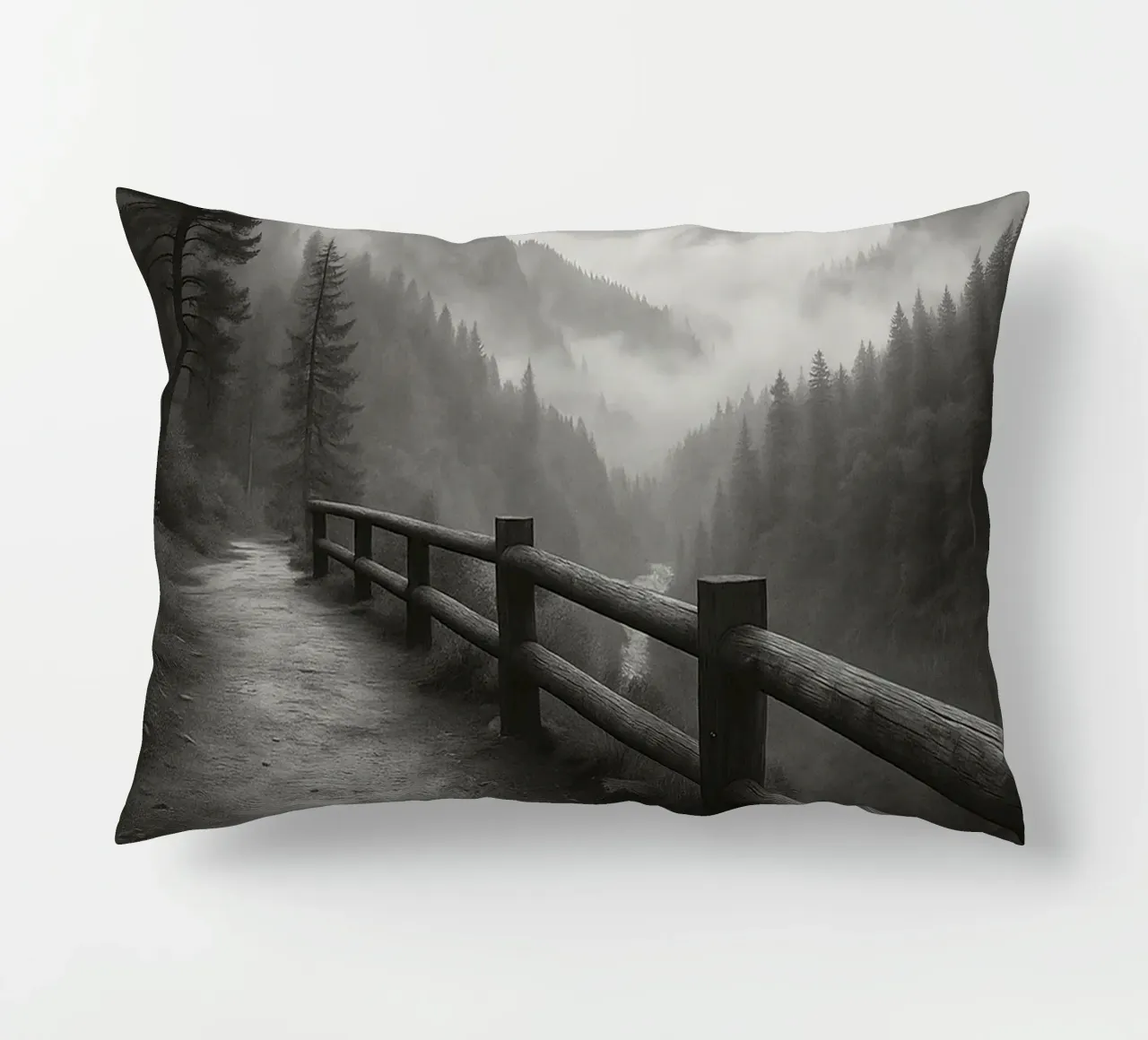 road on the edge of a cliff in the forest black and white ph decorative cushion by roosses