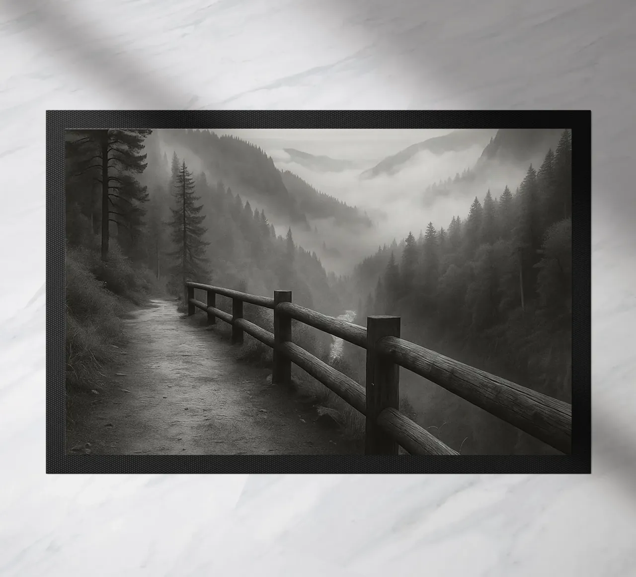road on the edge of a cliff in the forest black and white ph doormat by roosses