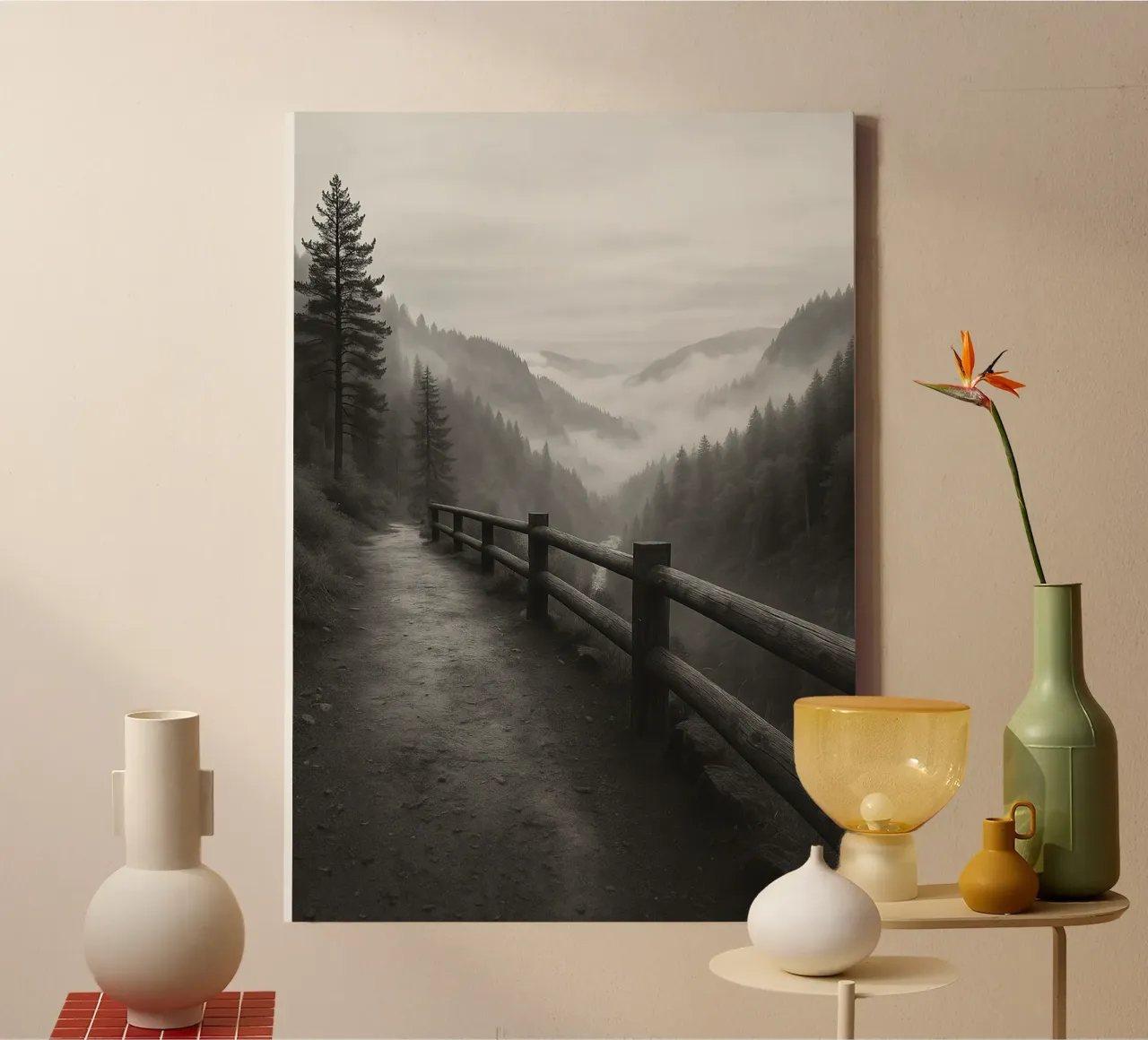 route au bord d'une falaise dans la forêt noir et blanc ph toile avec Caisse américaine de roosses