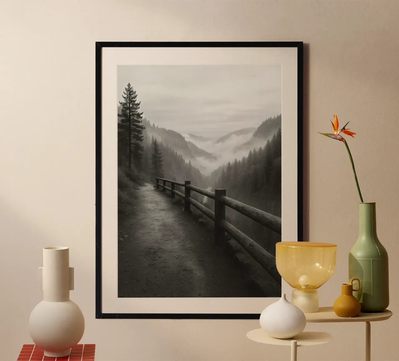 strada sull'orlo di una scogliera nella foresta ph in bianco e nero poster da roosses