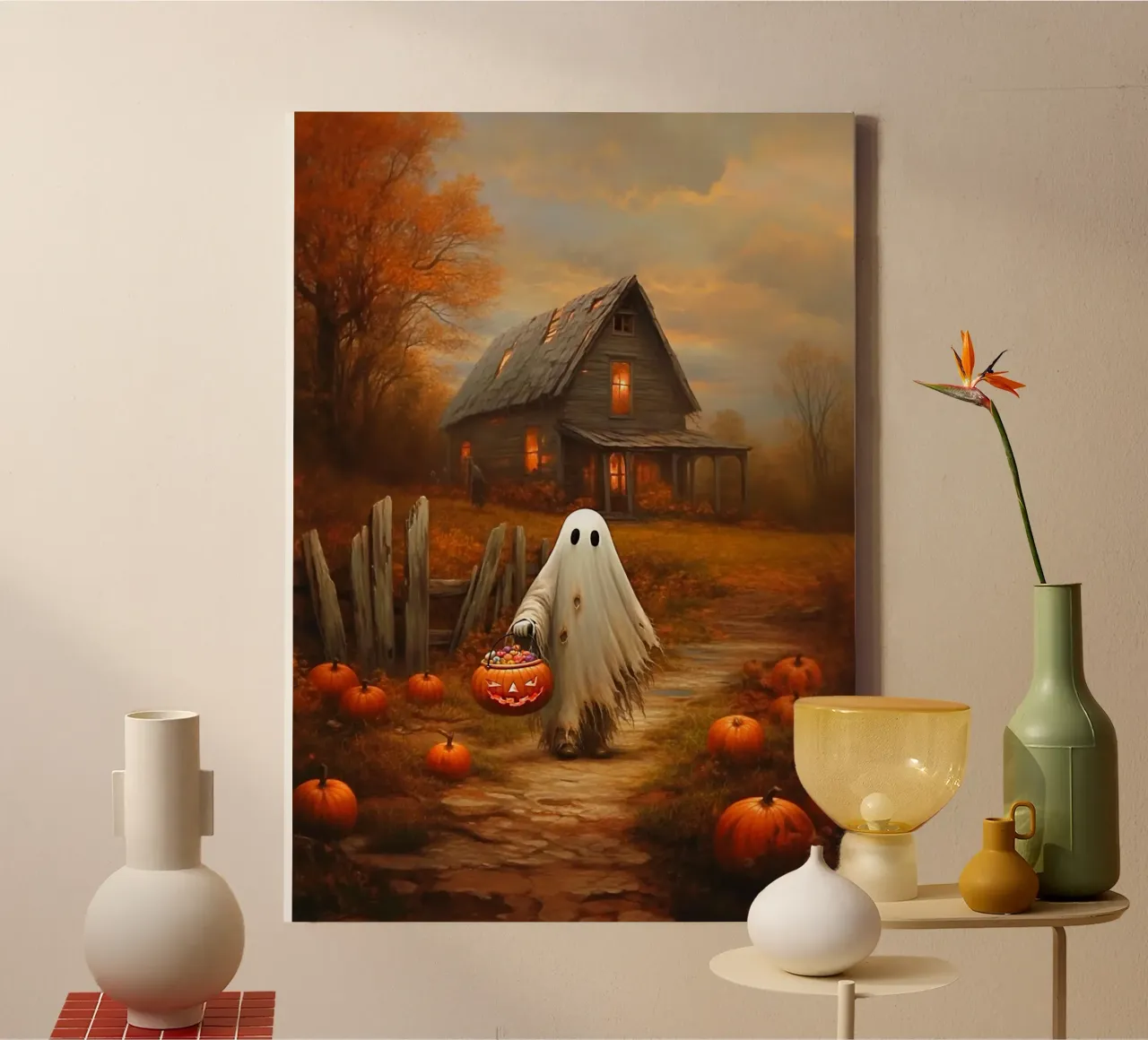 Halloween Gespenst Süßes oder Saures Leinwand mit Schattenfugenrahmen von Fleur de Lys