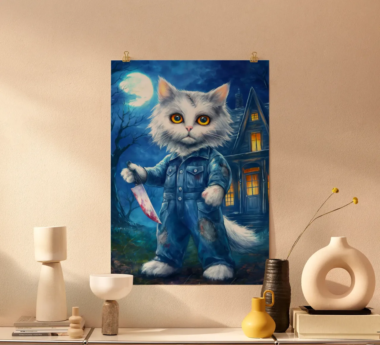 Gatto di Halloween Michael Myers con coltello carta hahnemühle da Fleur de Lys