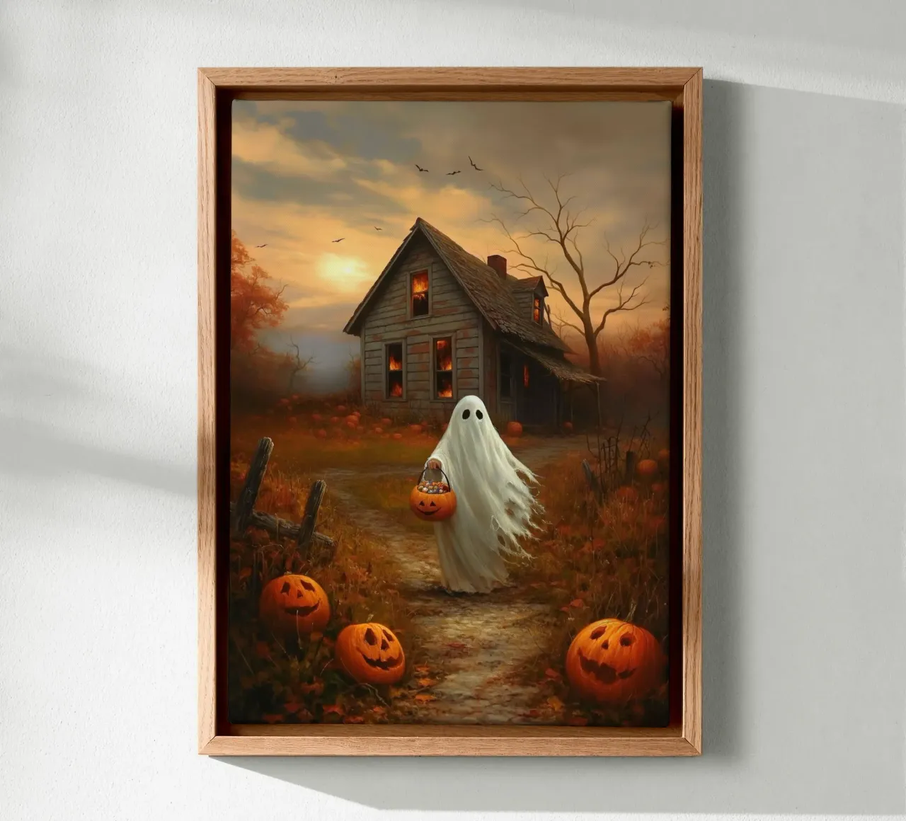 Halloween Gespenst Süßes oder Saures Leinwand mit Schattenfugenrahmen von Stellar Creative