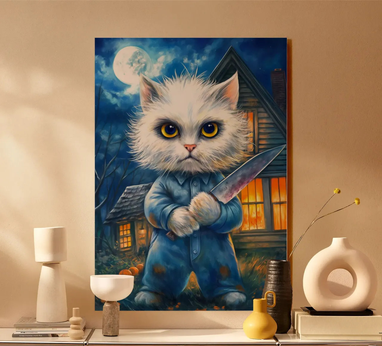 Gatto di Halloween Michael Myers con coltello alluminio dibond da Stellar Creative