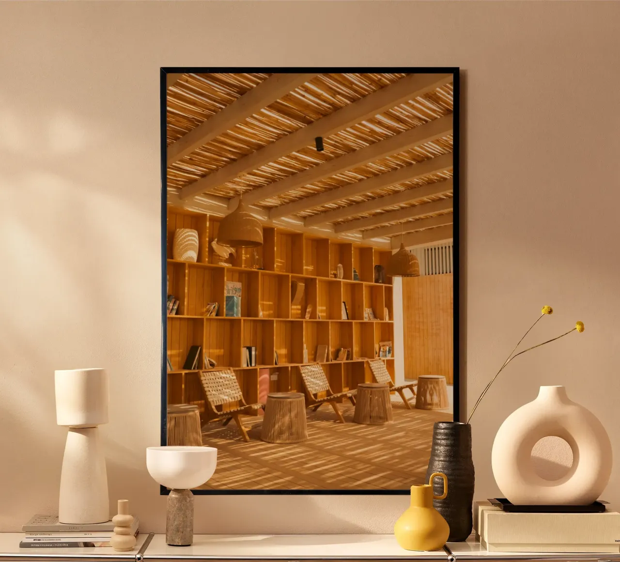 Accogliente biblioteca moderna ad Ain Sokhna, in Egitto poster con telaio in legno da Liam Johnson