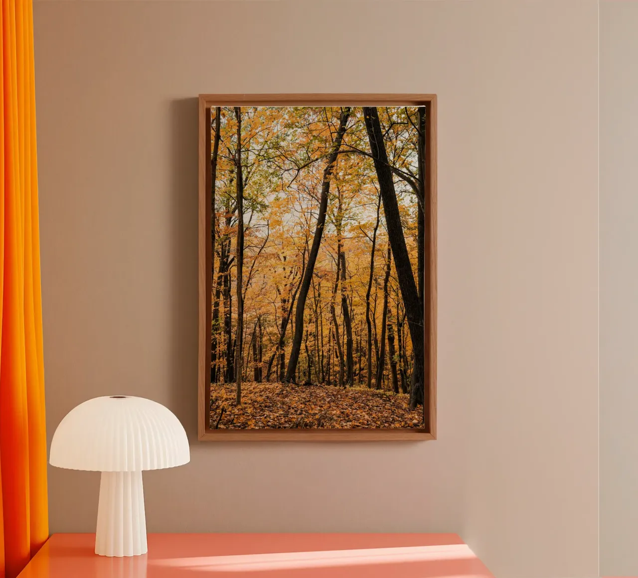 Herbstwald auf dem Hügel Leinwand mit Schattenfugenrahmen von Liam Johnson